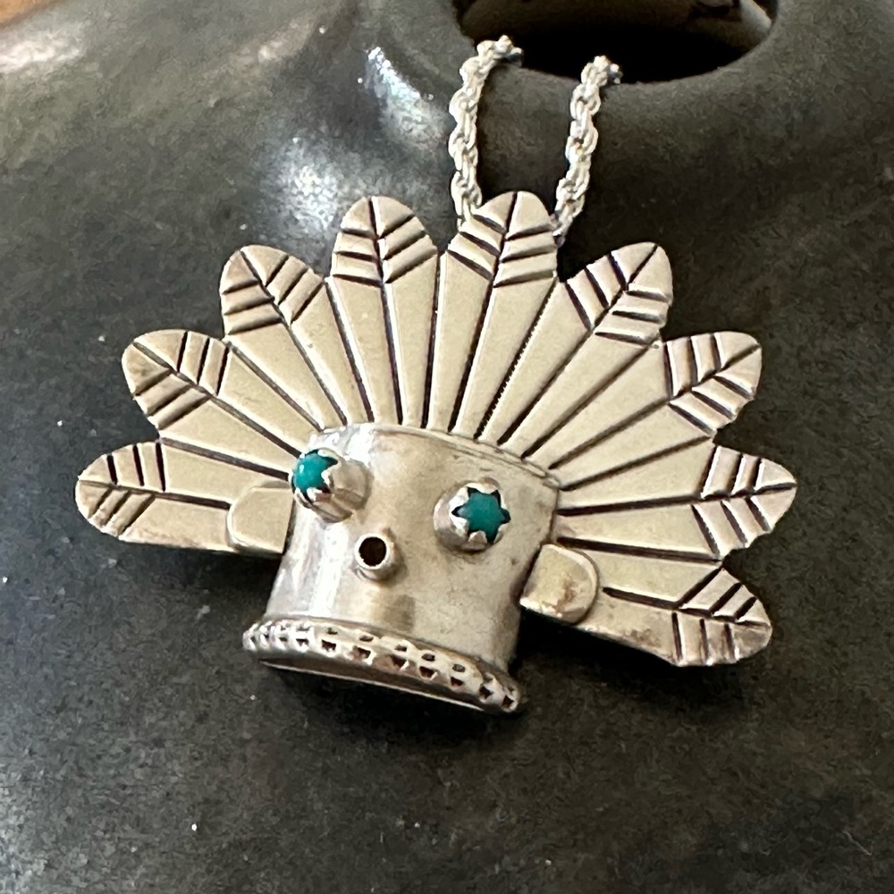 Vintage Sterling Silver Turquoise Kachina Pendant Necklace Native American Style - Picture 2 of 10